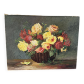 Panier de roses, huile sur toile signé