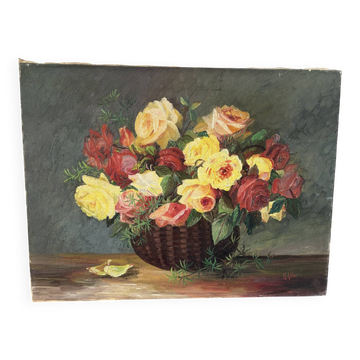 Basket of roses, oil on canvas signed