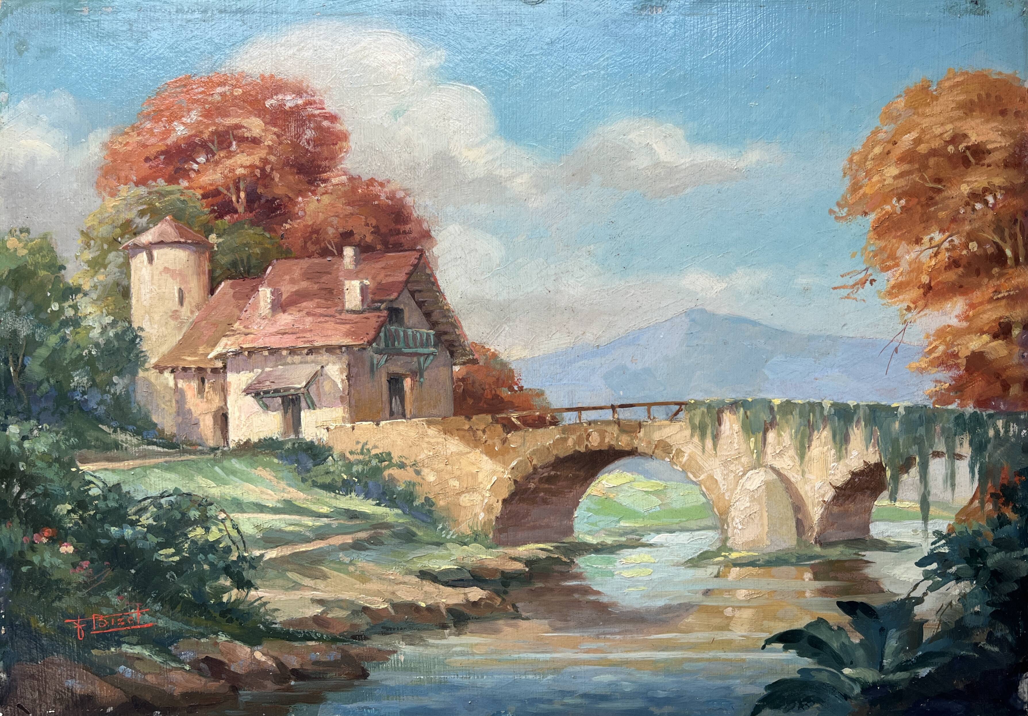 Tableau HSP "Landscape by the River" signed Bizet (mid-20th century school)