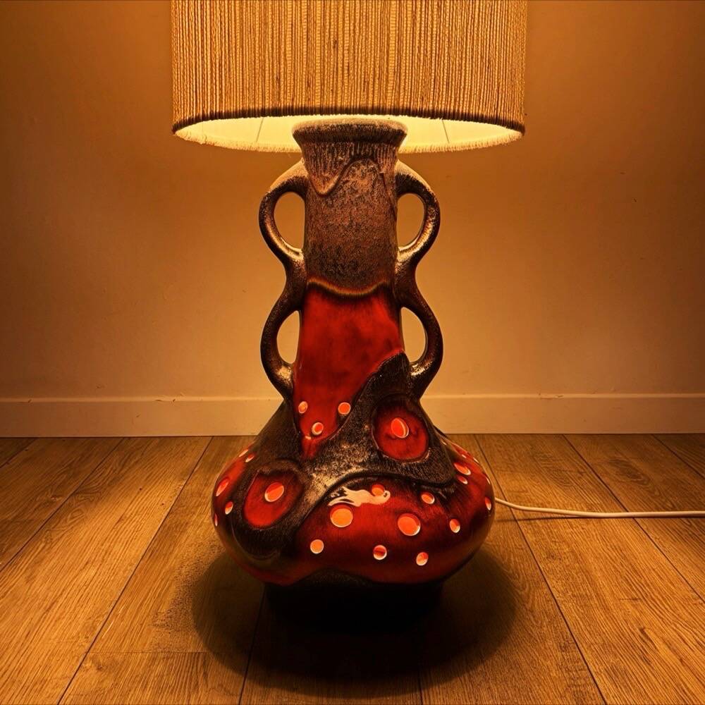 Orange ceramic sun lamp with jute fabric from the 1970s.