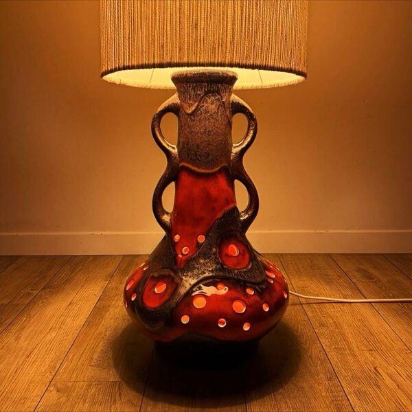 Lampe de sol céramique orange et toile de jute années 70