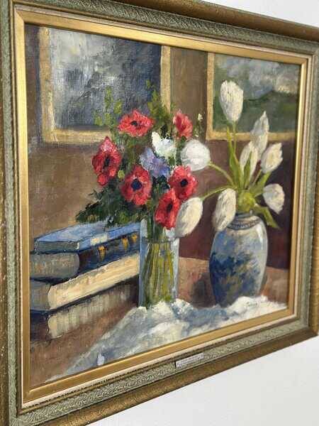 Original early century Swedish oil on canvas – "Tulips and Poppies" by Johan Jacobsson – vintage & framed 68 × 80 cm (26.8" × 31.5")