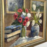 Original early century Swedish oil on canvas – "Tulips and Poppies" by Johan Jacobsson – vintage & framed 68 × 80 cm (26.8" × 31.5")