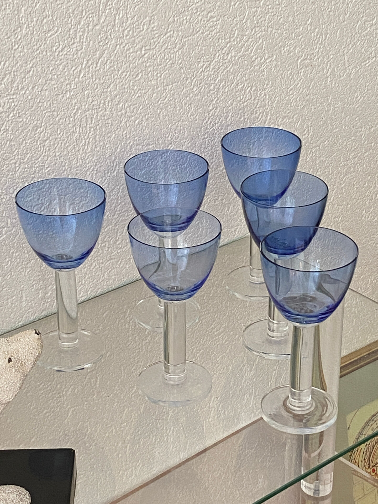 Six two-coloured wine or cocktail glasses.