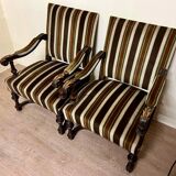 Large pair of Louis XIV style armchairs in walnut