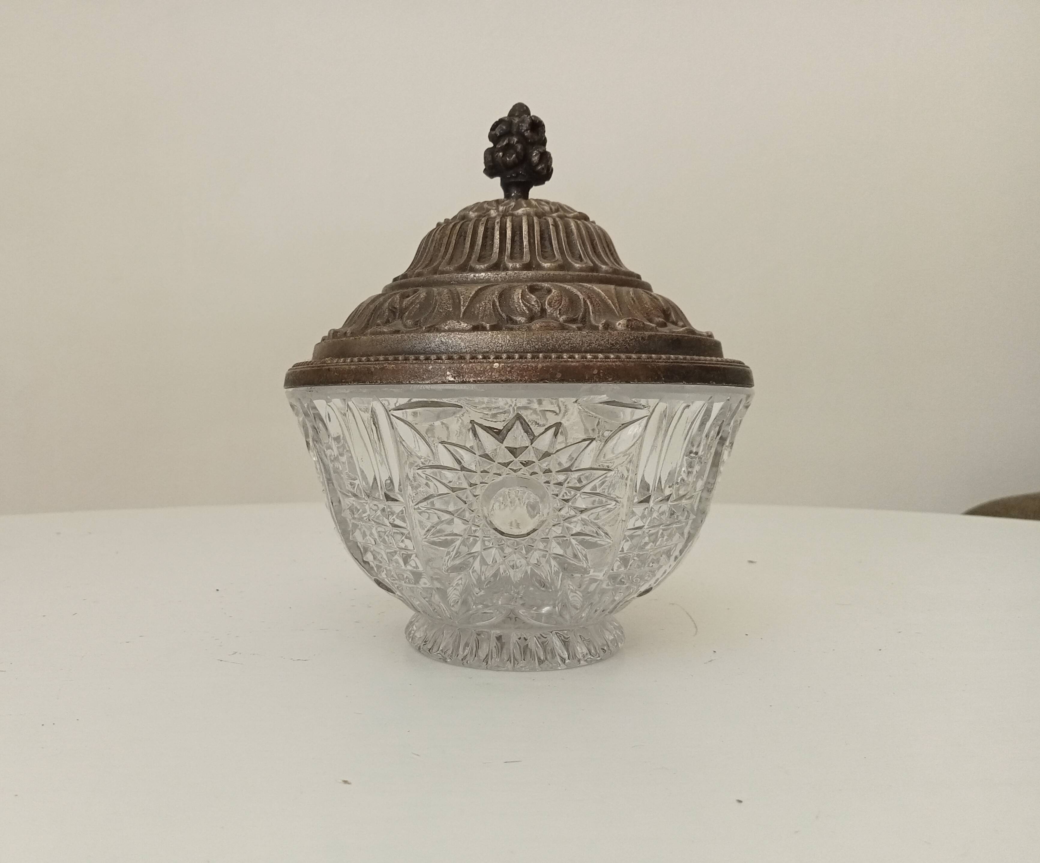 Vintage chiseled glass and tin candy box