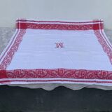 Vintage Large Damask Tablecloth with Six Monogram M Napkins.
