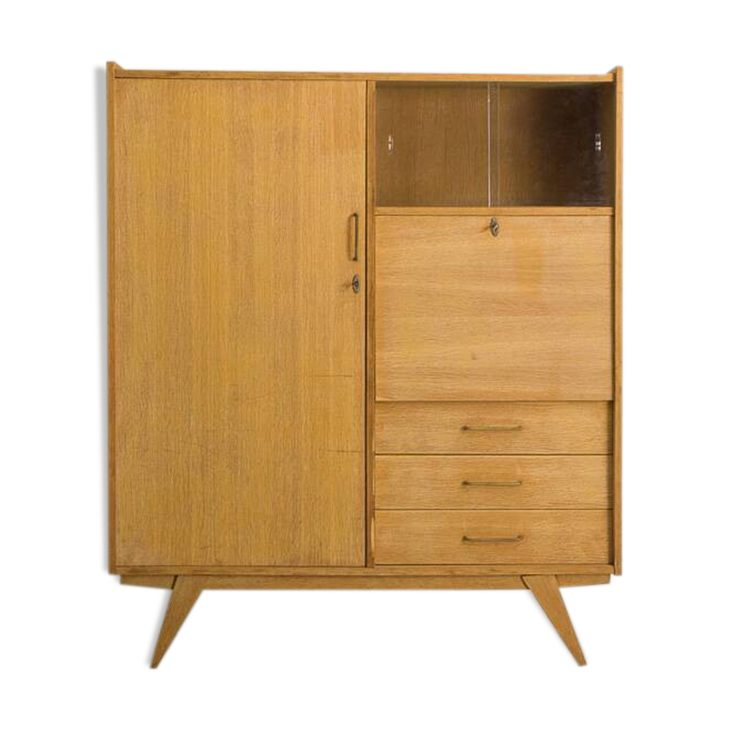 Oak desk cabinet with wardrobe space and fully pickled showcase, circa 60