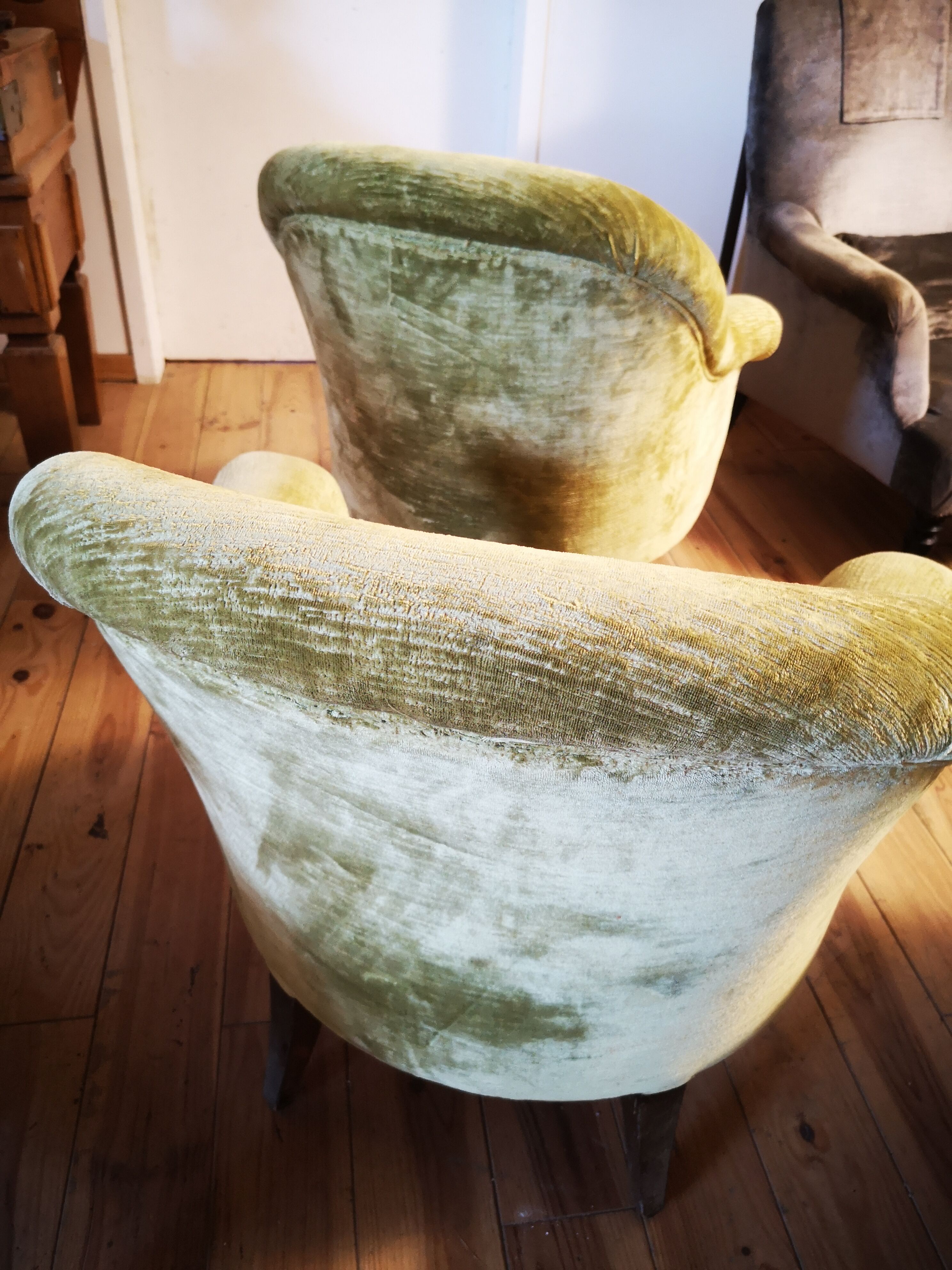 Pair of original tapestry velvet toad armchairs