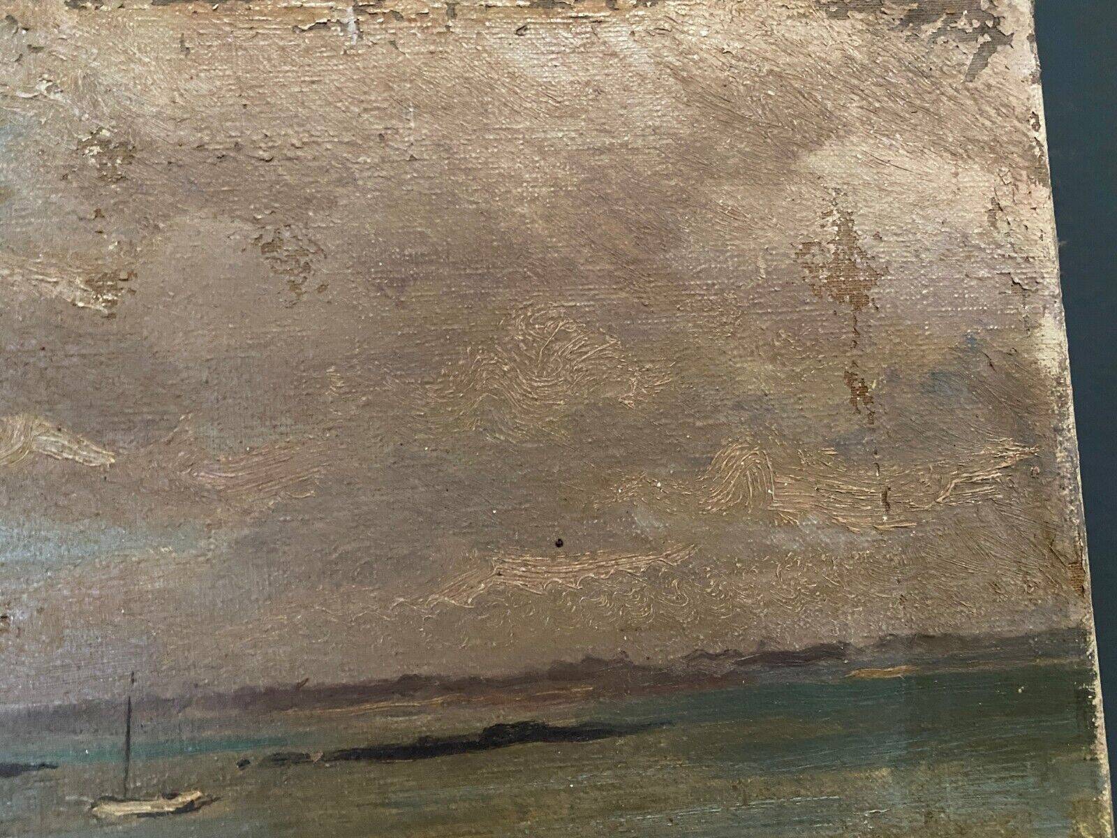 Oil on canvas seaside marine boat early 20th century