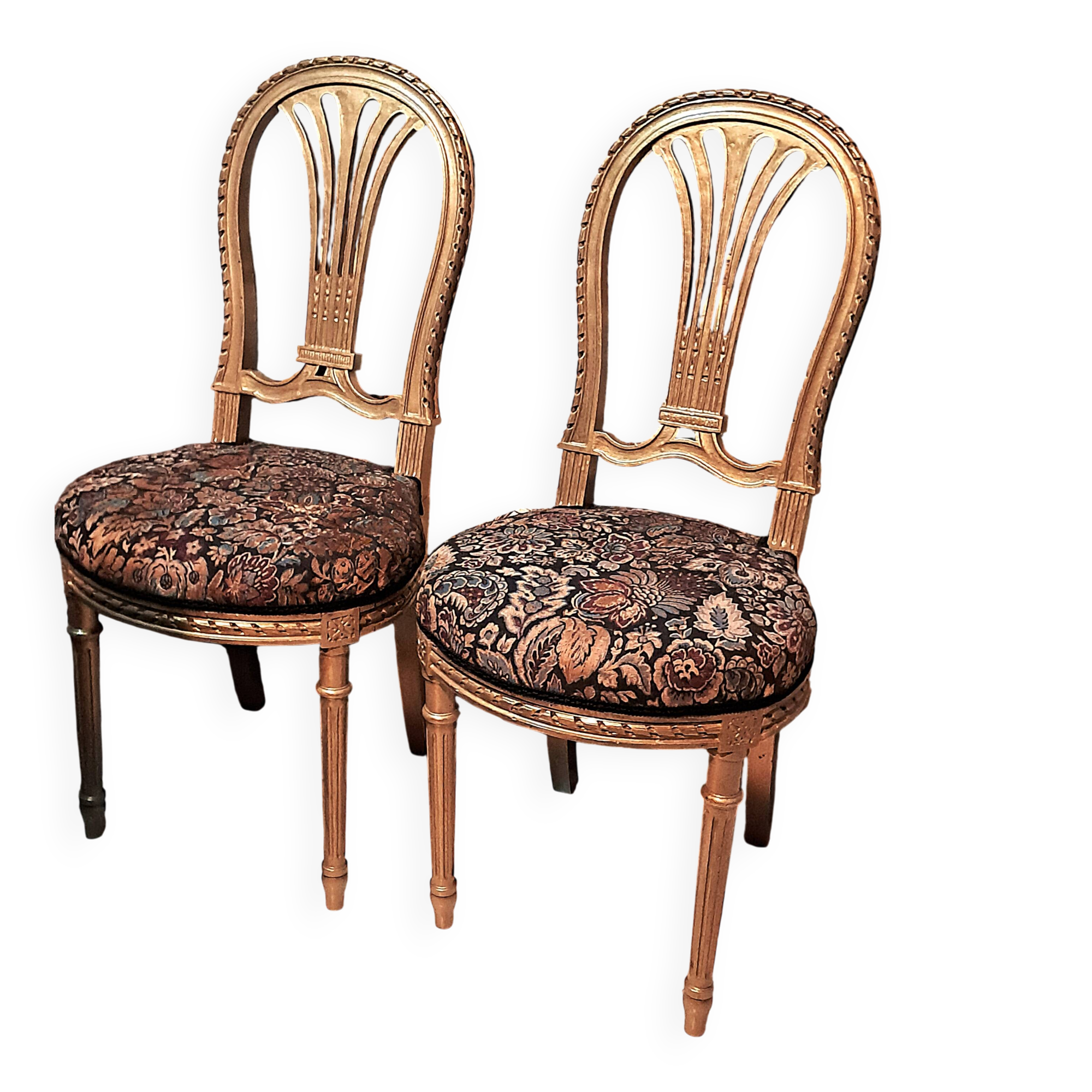 Napoleon III chairs, gilded wood, upholstered in damask fabric