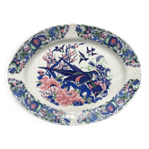 Grand plat ovale ancien en faïence italienne Stoviglierie – motif oiseaux et fleurs bleu, vert, rose