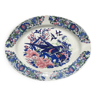 Large antique oval platter in Italian Stoviglierie earthenware – blue, green, and pink bird and flower motif