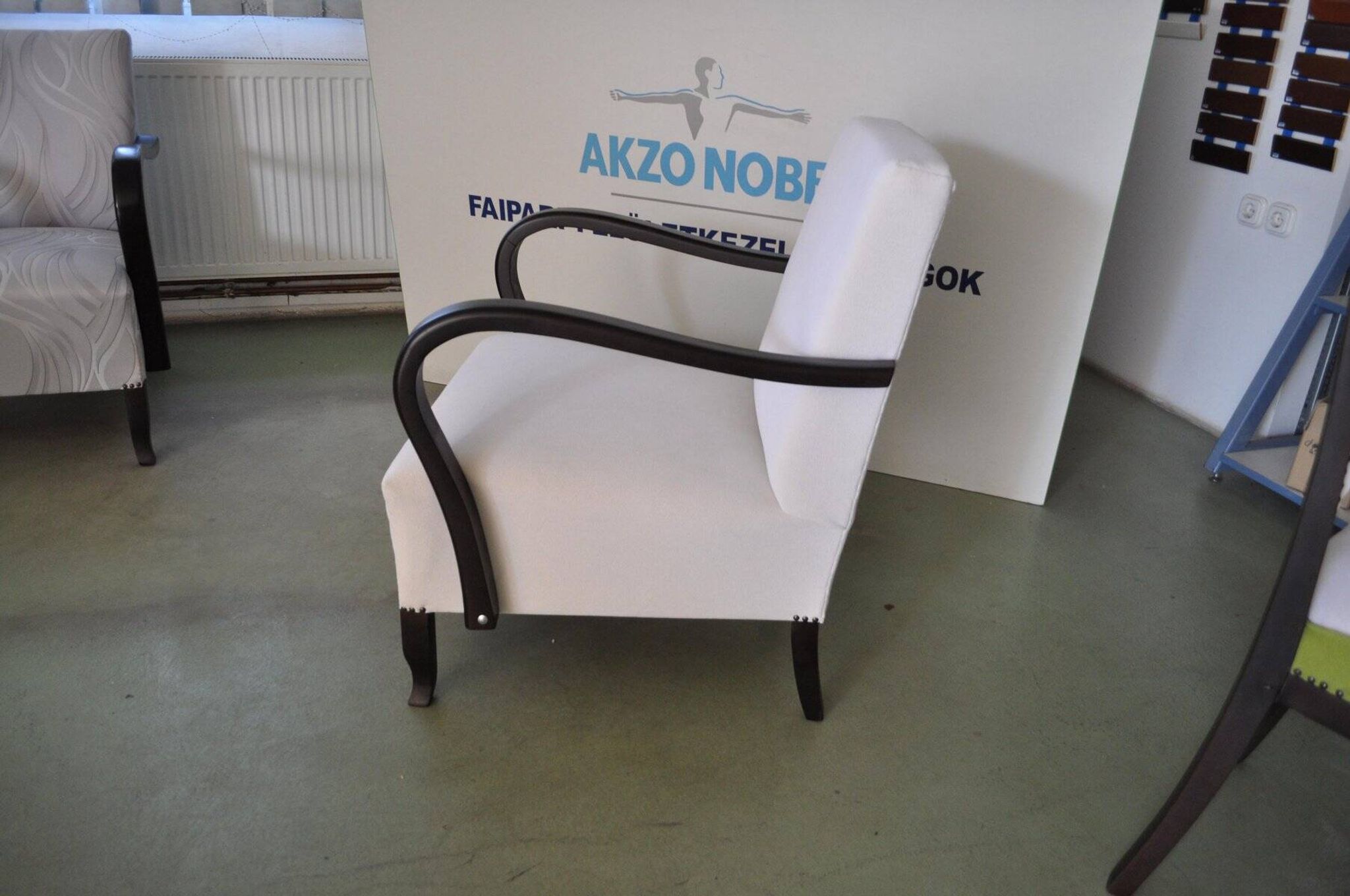 Ivory Art Deco armchair in fabric and dark wood, high back, 1920s-1930s.