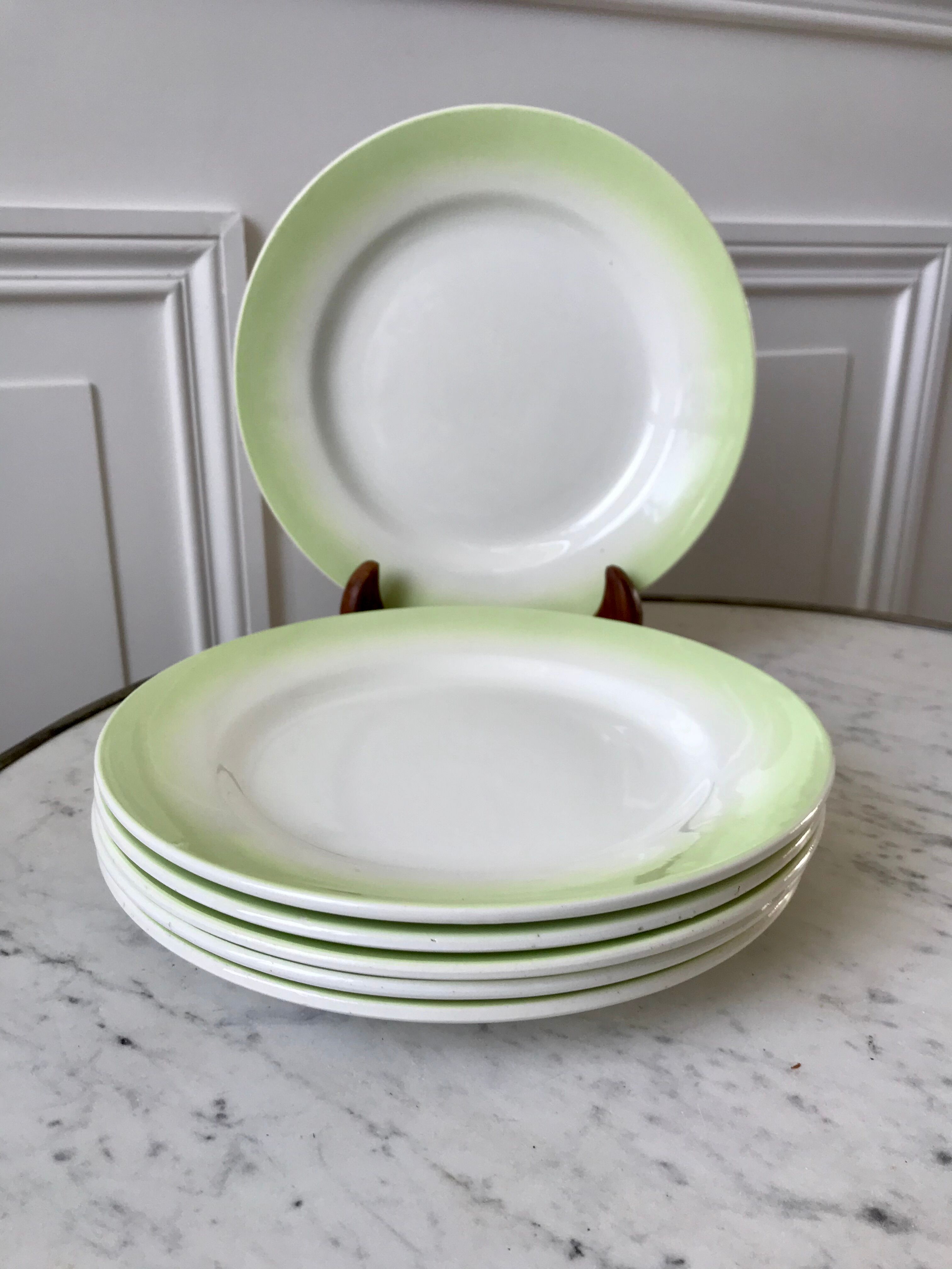 set of 6 pastel gradient light green dessert plates 40s-50s