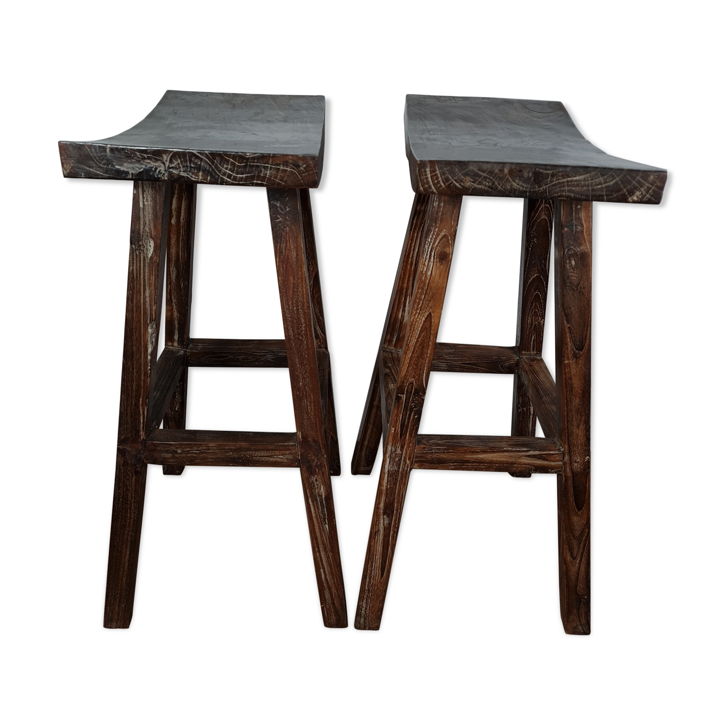 Pair of bar stool in cerused teak beautiful patina 74x50x26 cm.