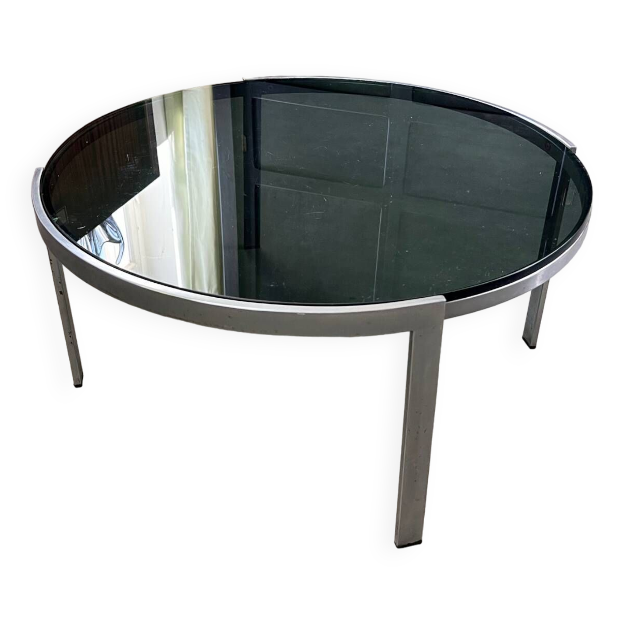 70s design round coffee table, metal and smoked glass