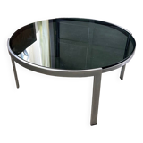 70s design round coffee table, metal and smoked glass