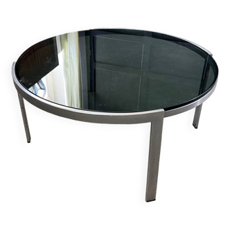 Table basse ronde design 70, métal et verre fumé