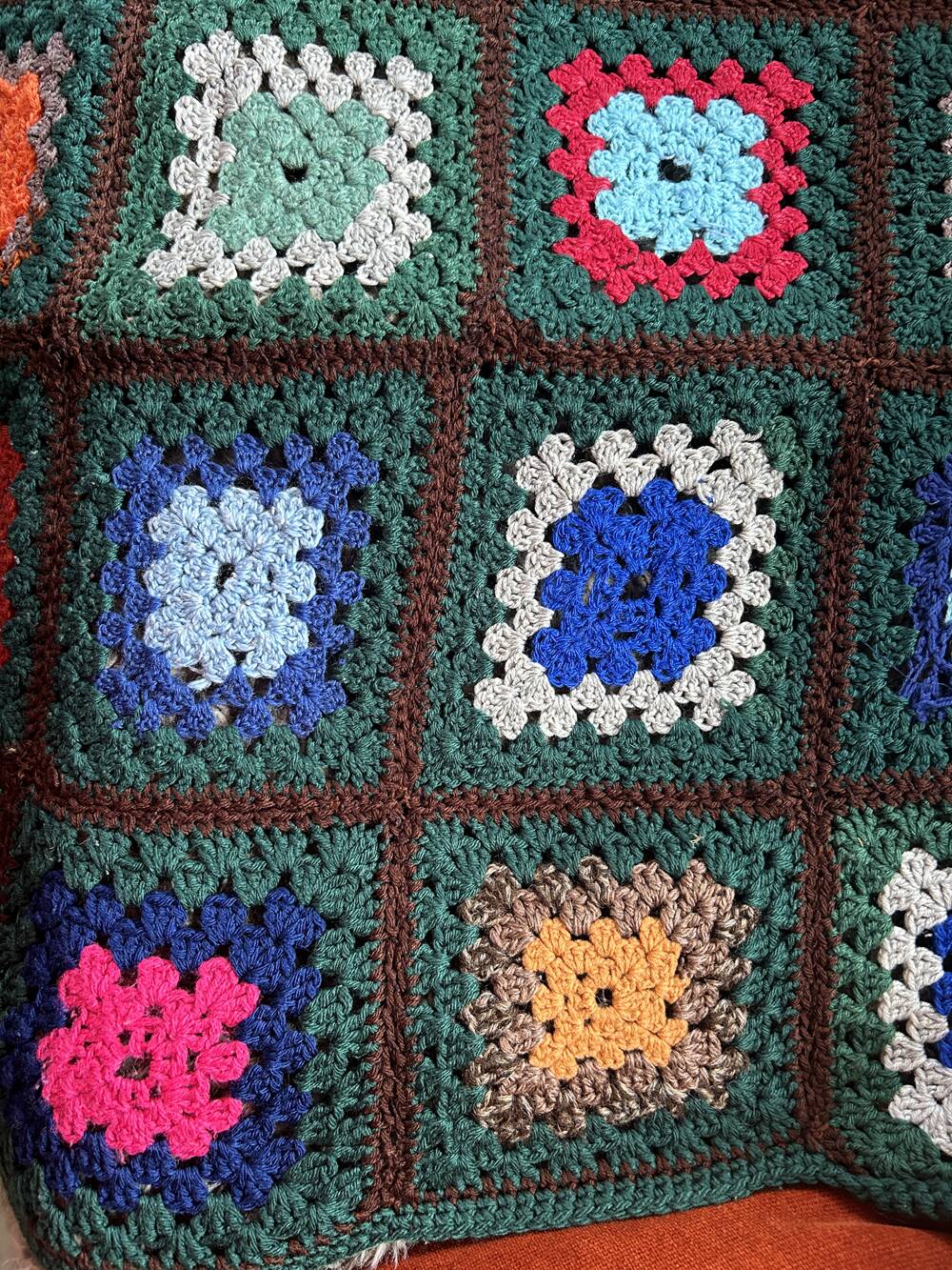 Plaid, sofa throw, crochet, handmade, vintage, 70s