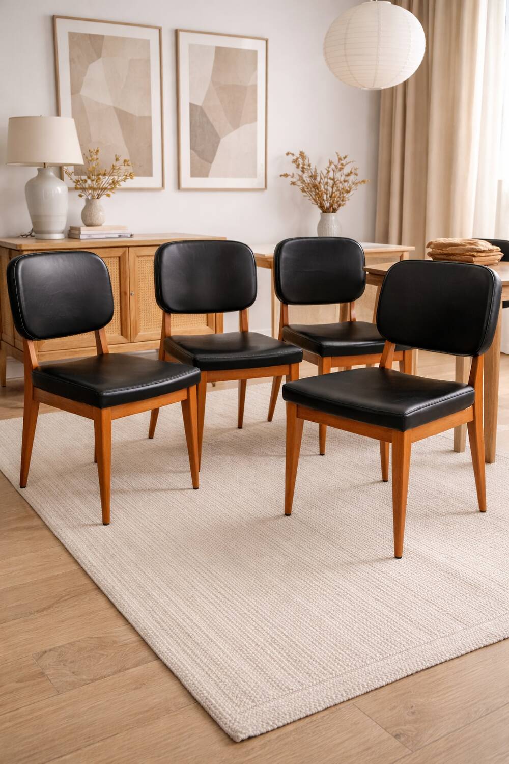 Set of 4 vintage 1960s chairs in wood and black faux leather – design