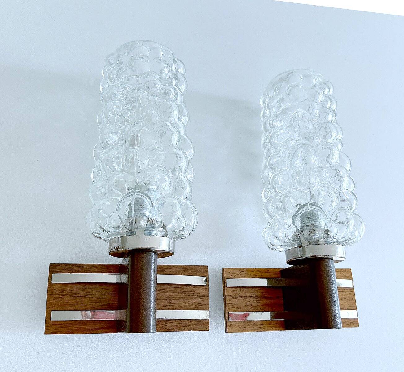 Pair Vintage Danish Bubble Blass Wood sconces
