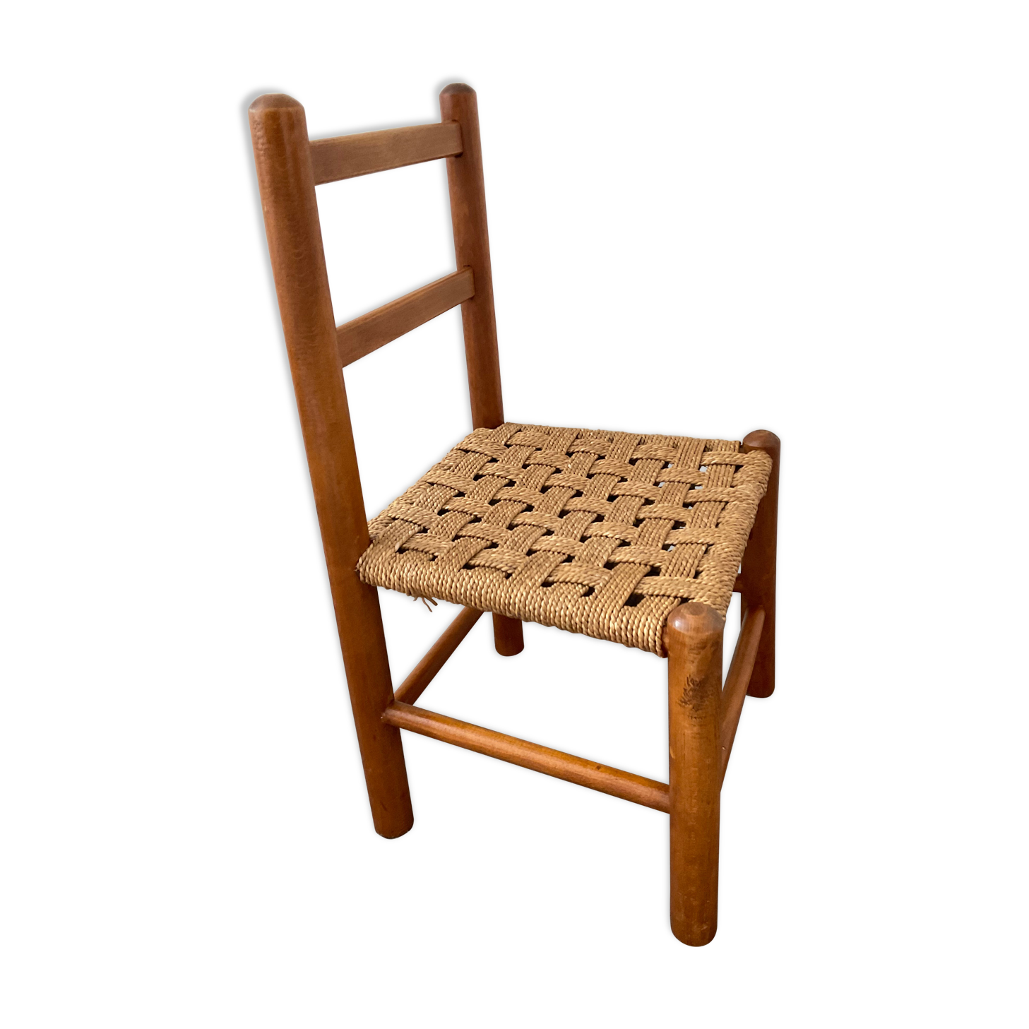 Scandinavian wooden chair and braided rope seat 70s