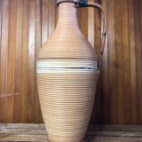 Old lady jeanne bottle glass + rattan + vintage wooden base
