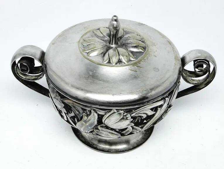 Sugar bowl, postmodernism, silver-plated brass, HEFRA, Poland, 1970s