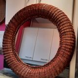 Round mirror in woven rattan, 1970s