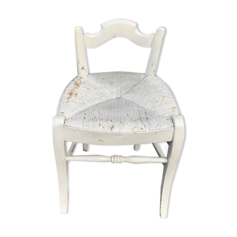 Tabouret paillé vintage peint en blanc