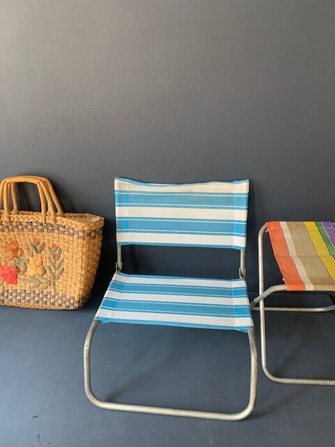 Vintage folding beach stool, stripe, nylon, 1960