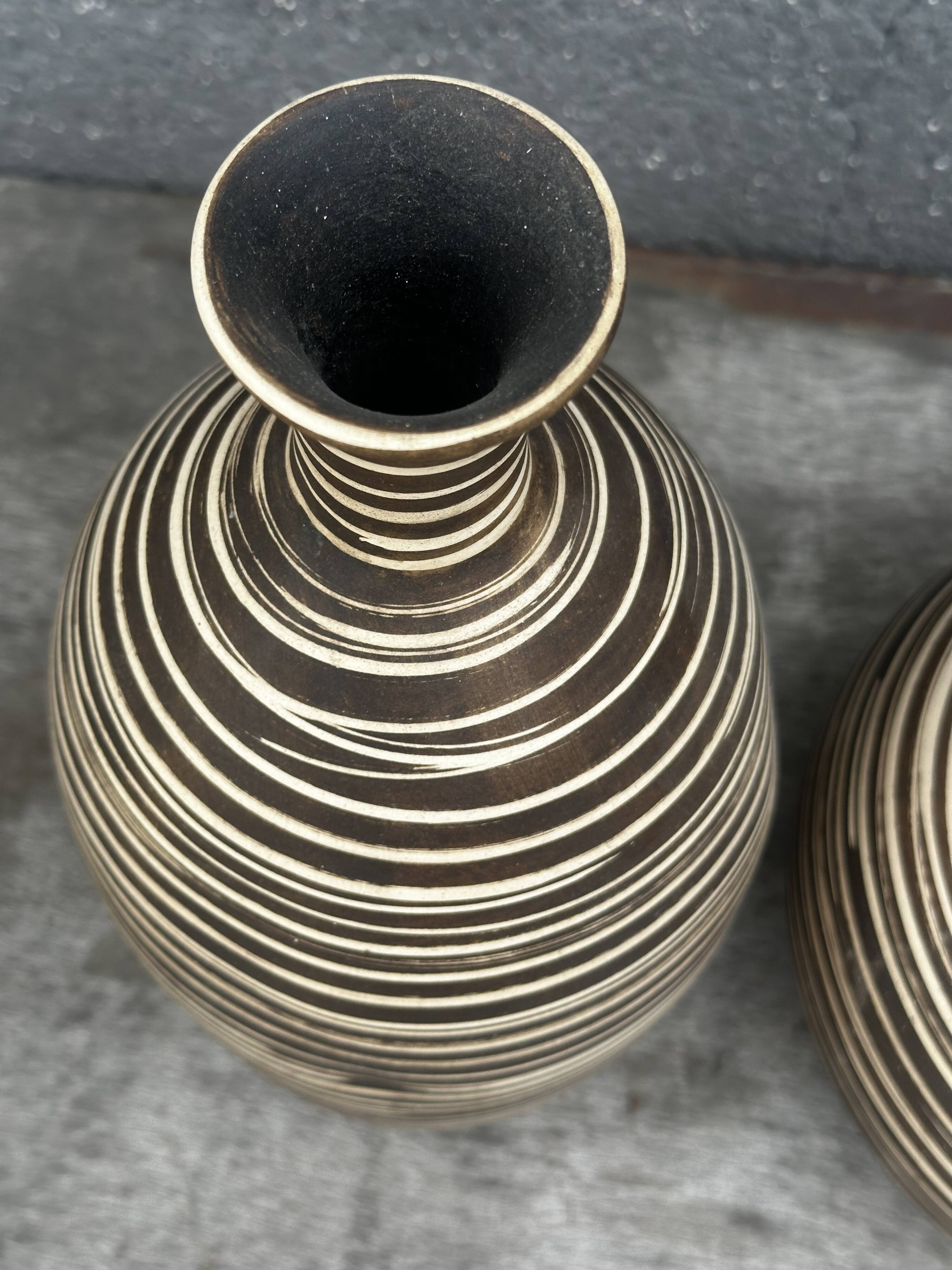 Two Vintage Ethnic Ceramic Vases in Cream and Brown Striped