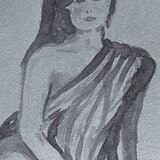 Signed watercolor painting on Denim paper portrait of a woman “waiting for the bath”