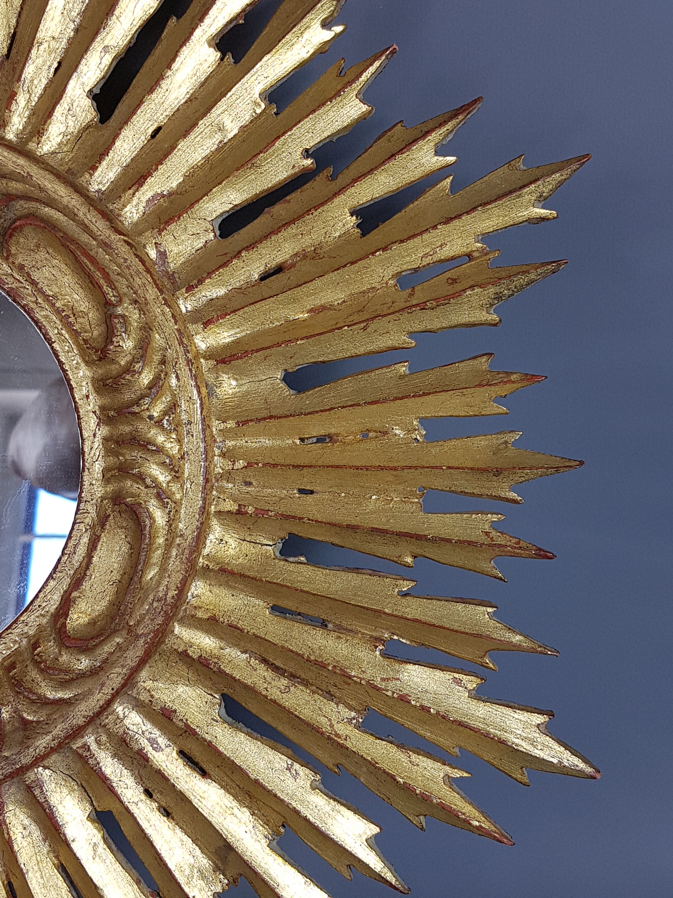 Sun mirror gilded with gold leaf Vintage 50s 42cm