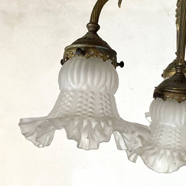 Lustre Empire 4 feux en bronze et tulipes en verre
