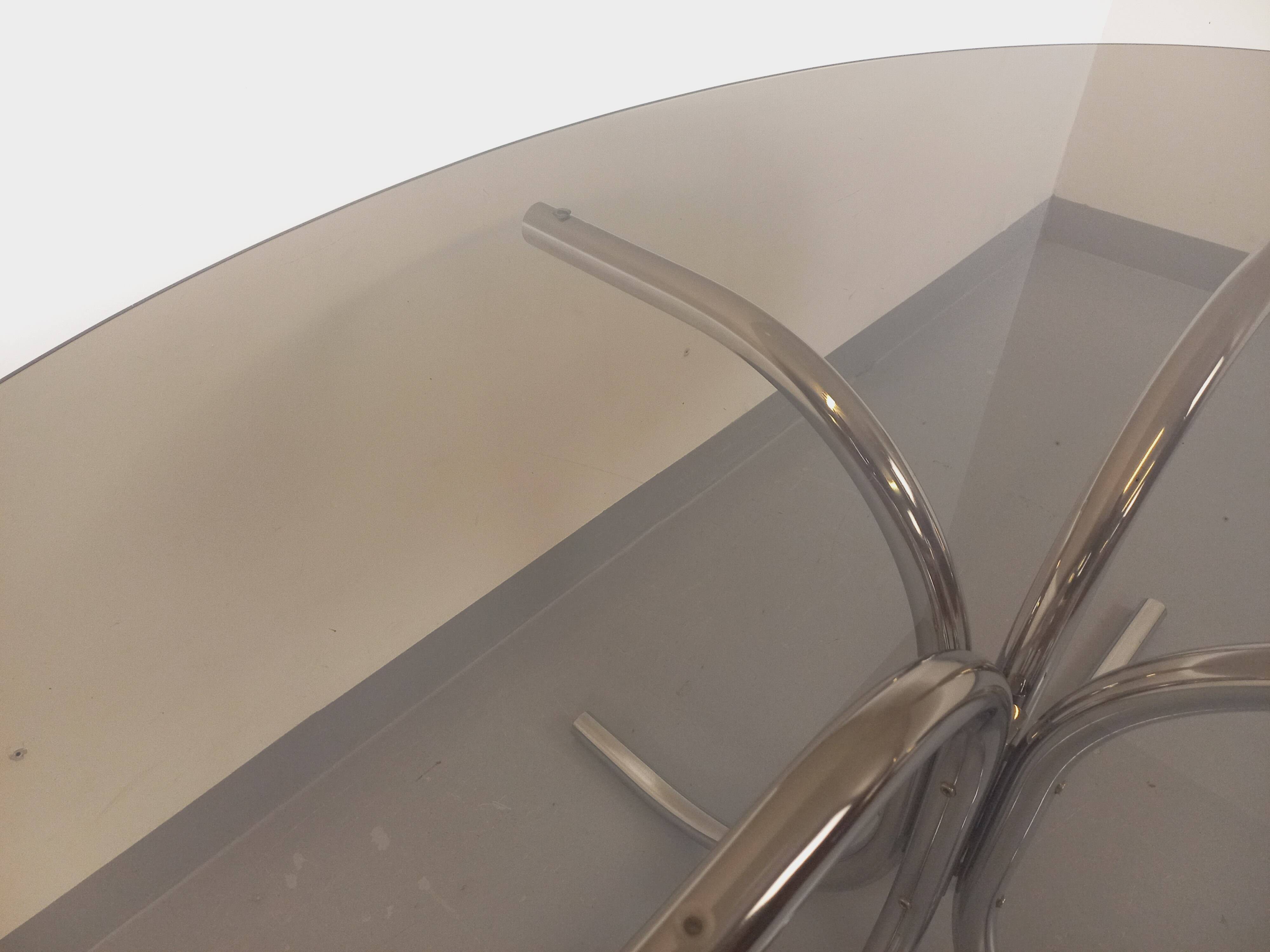 Vintage oval dining table in smoked glass and chrome metal