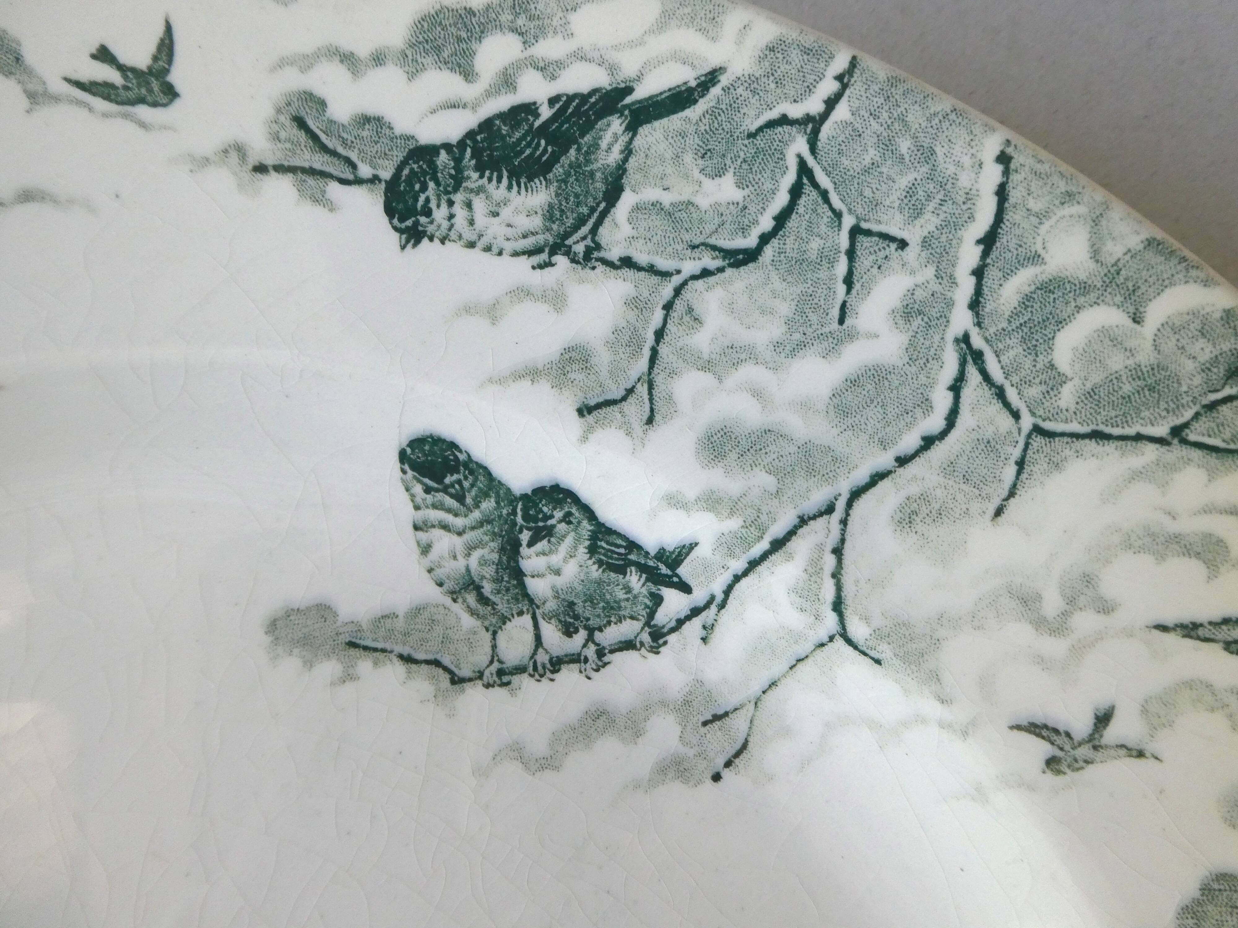 Round dish Sarreguemines, bird décor, model Snow, 1900