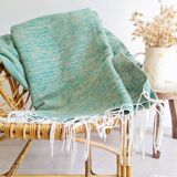 Plaid tissé main vert et lin à fines rayures - franges fines