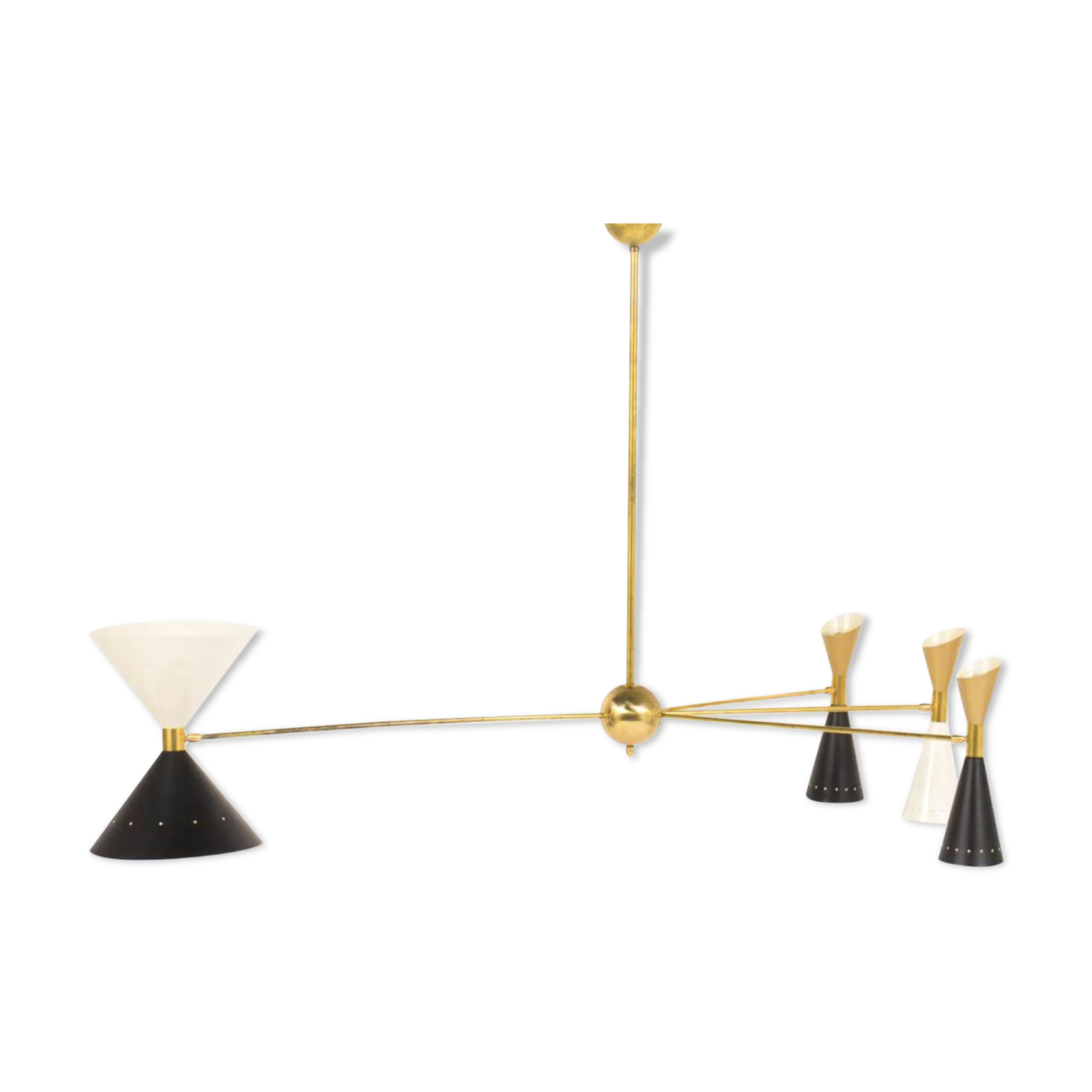 8-light brass chandelier and white-black and gold day blinds