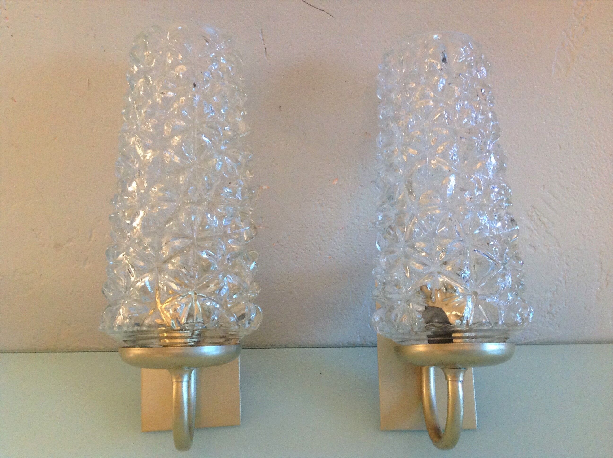 Pair of tulip glass and gold/vintage metal wall lamps 60/70
