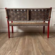 Vintage bench in red wood and rope