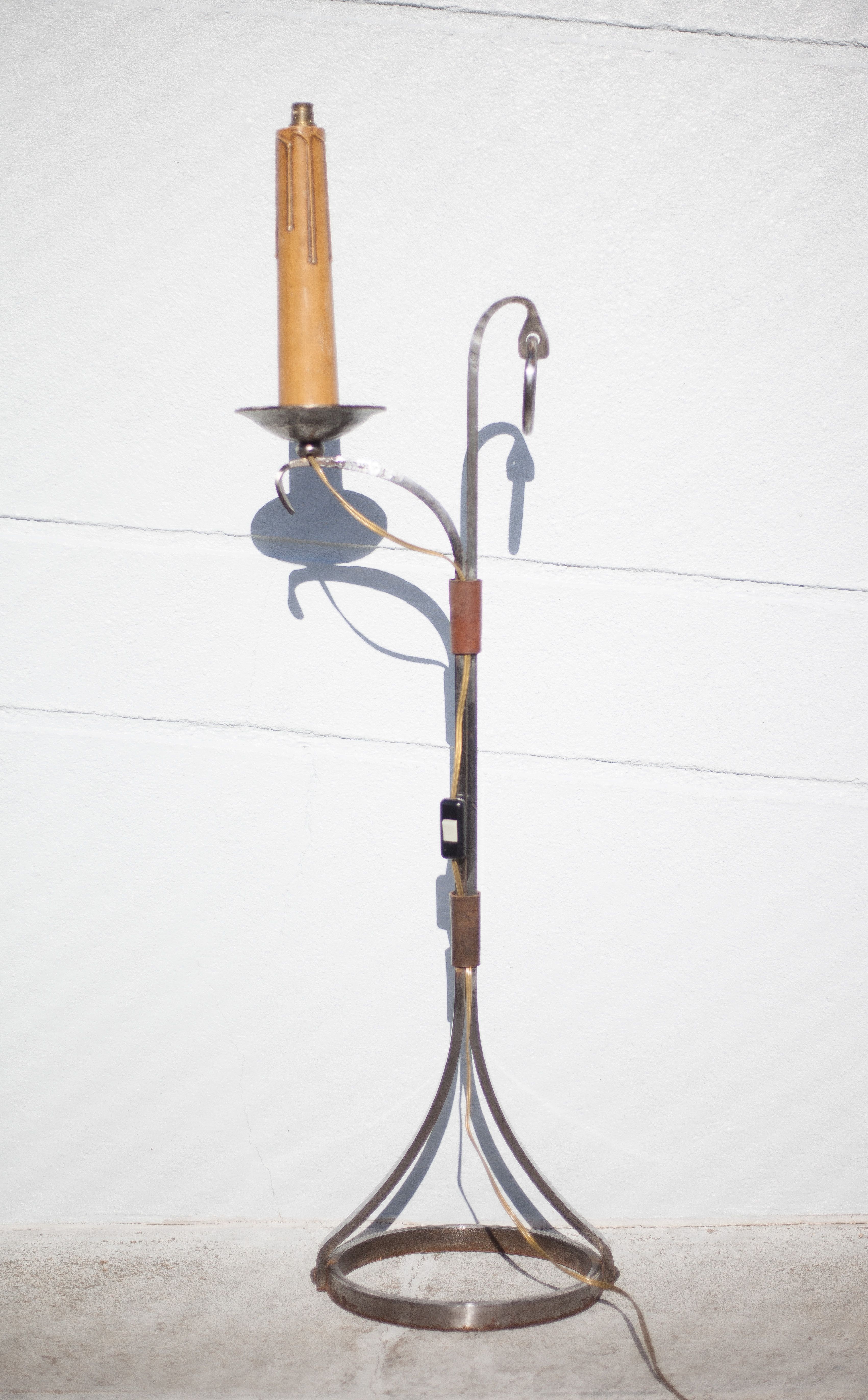 Wrought iron floor lamp Ryckaert JP, Wrought iron and leather floor lamp, living room lamp, 60's