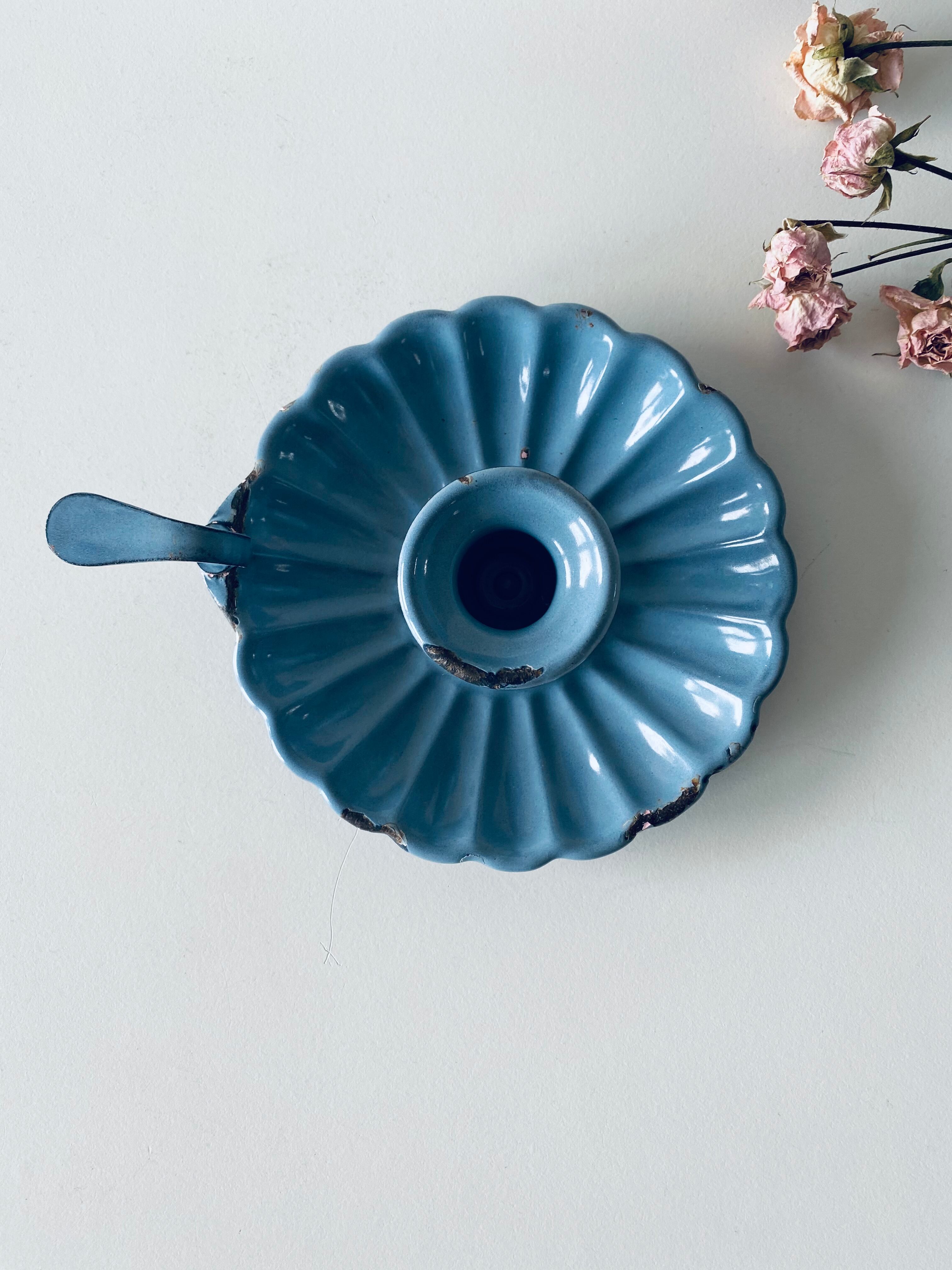 Old lavender blue enamelled candlestick