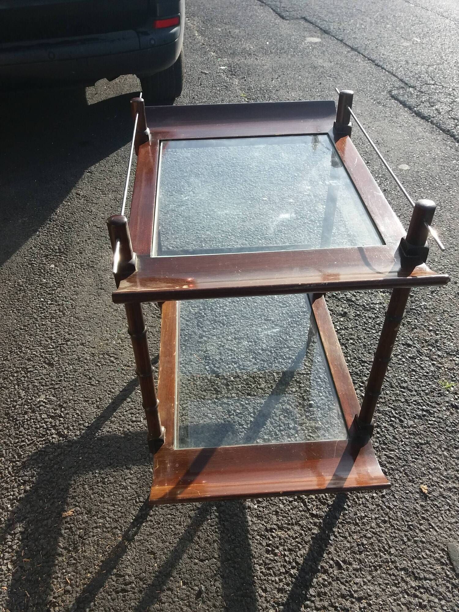 Bar rolling serving double trap pagoda wood and glass 1950s mahogany