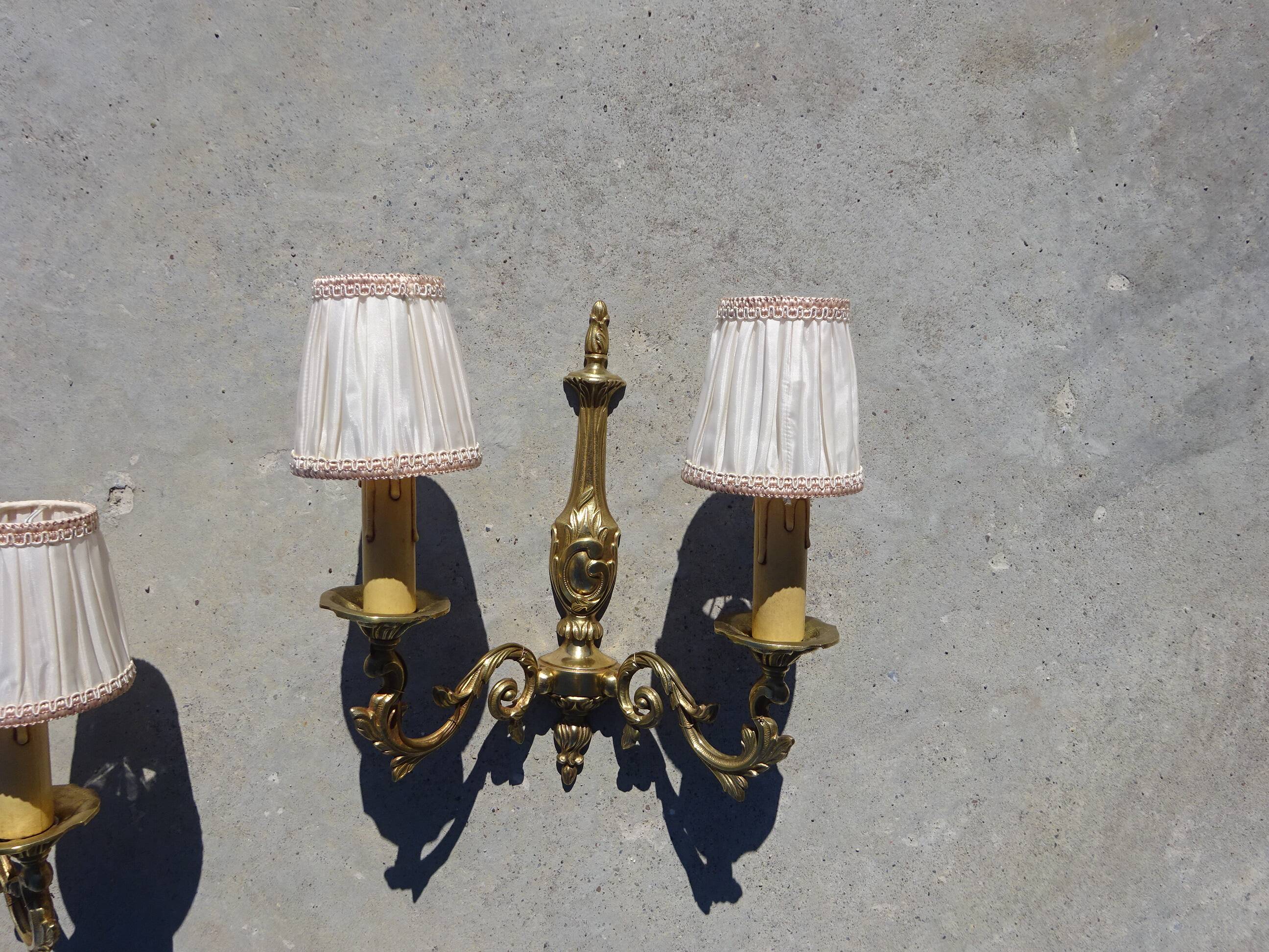 Bronze wall sconces, silk shades, pair