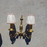 Bronze wall sconces, silk shades, pair