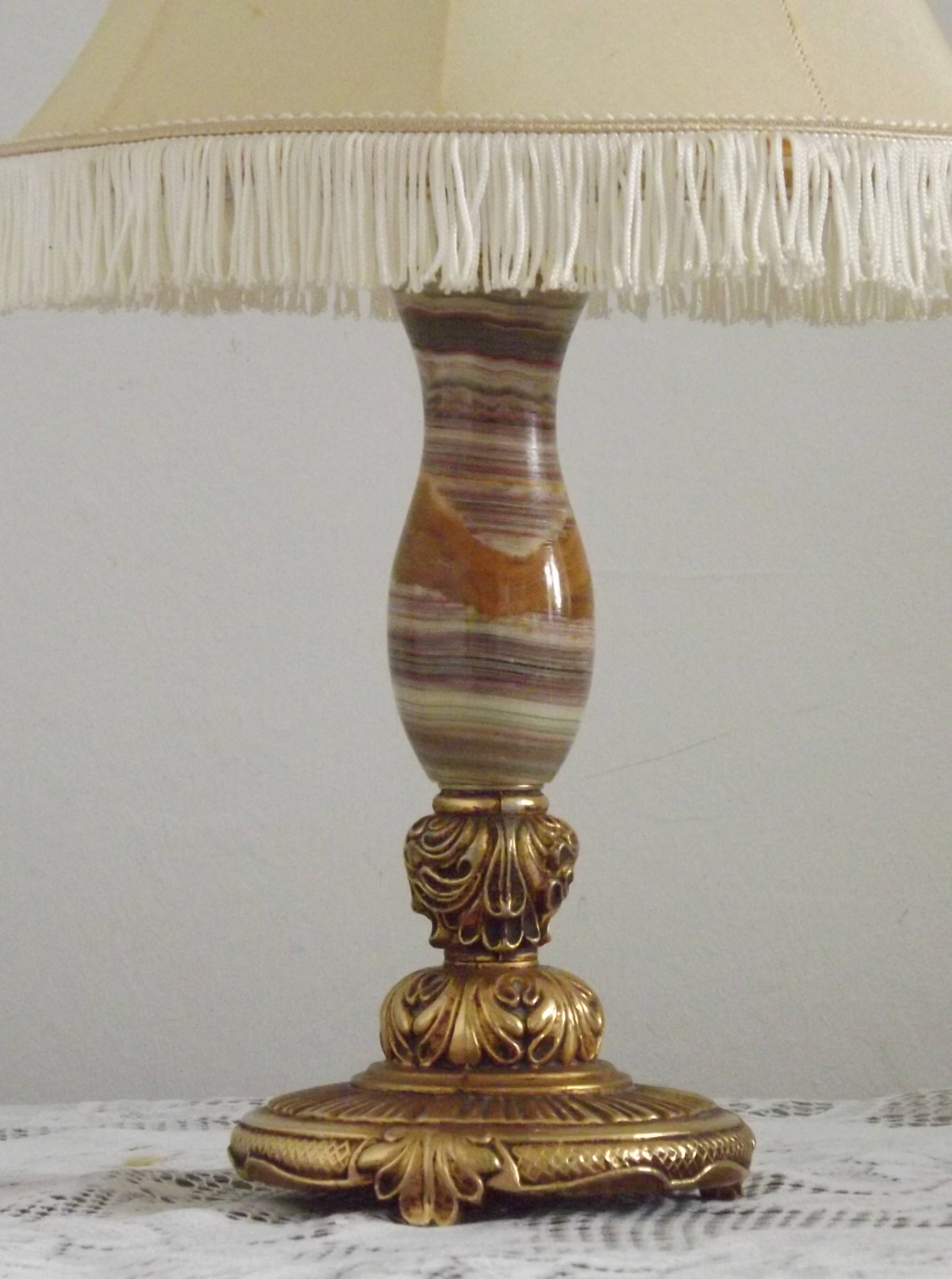 Vintage French Round Brass and Onyx Table Lamp With Cream Fringed Shade