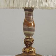 Vintage French Round Brass and Onyx Table Lamp With Cream Fringed Shade