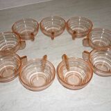 Lot 9 tasses art déco en verre transparent rose